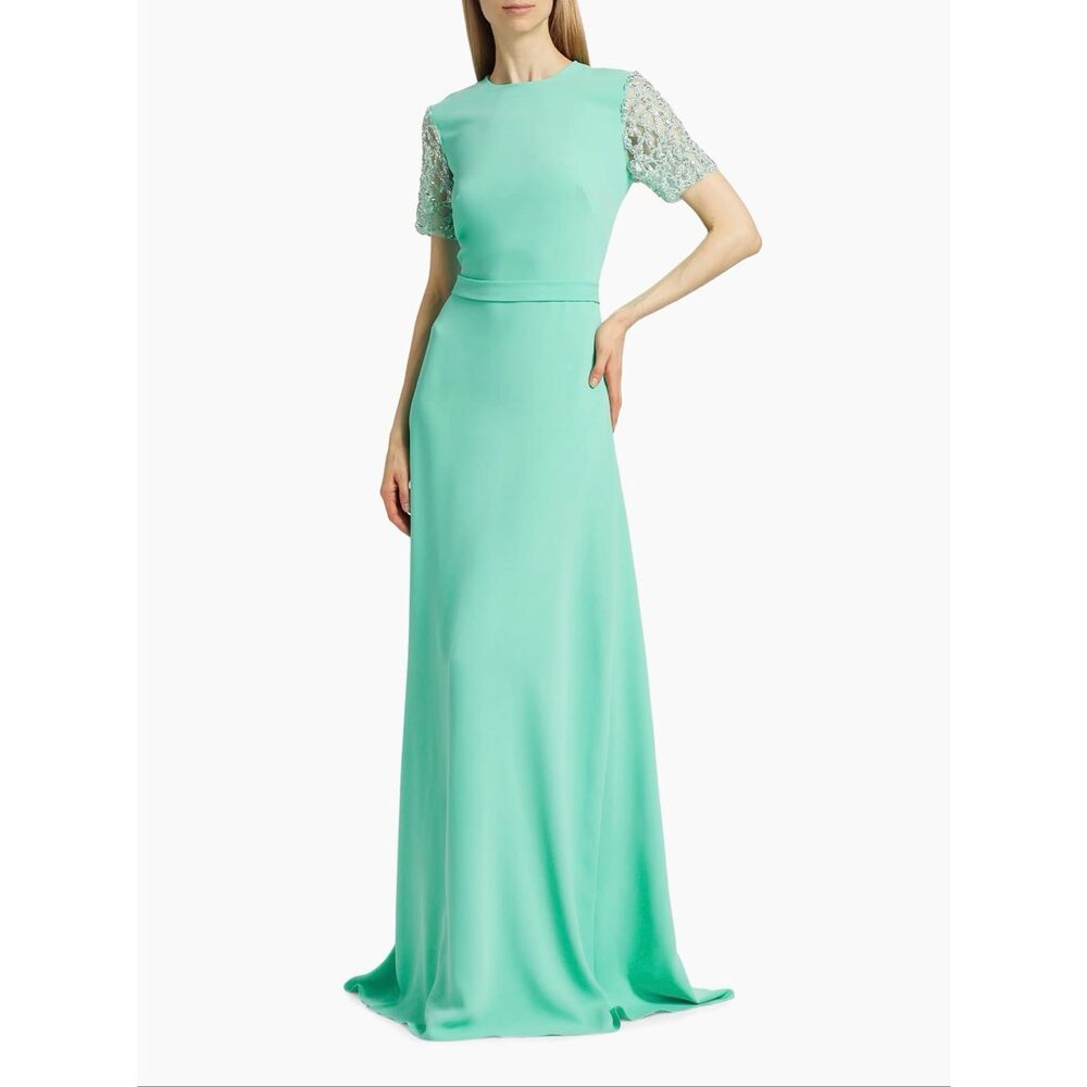 Reem Acra Crepe Embellished Short-Sleeve Gown in Mint US 6 $2595